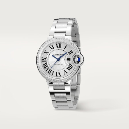 Ballon Bleu de Cartier watch 33 mm, mechanical movement with automatic winding, steel, diamonds