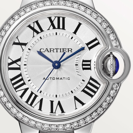 Ballon Bleu de Cartier watch 33 mm, mechanical movement with automatic winding, steel, diamonds