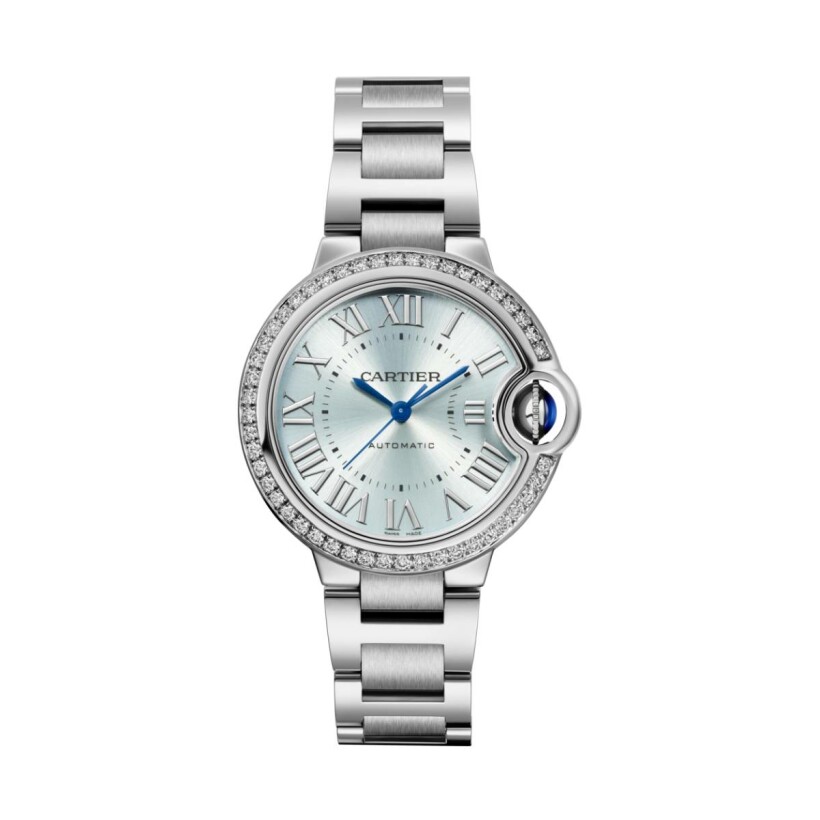 Ballon Bleu de Cartier watch, 33 mm, automatic movement, steel, diamonds