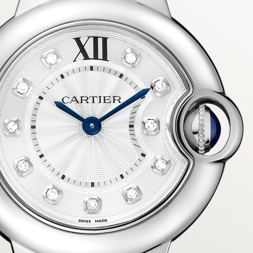 Ballon Bleu de Cartier watch, 28 mm, quartz movement, steel, diamonds