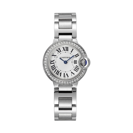 Ballon Bleu de Cartier watch 28 mm, quartz movement, steel, diamonds