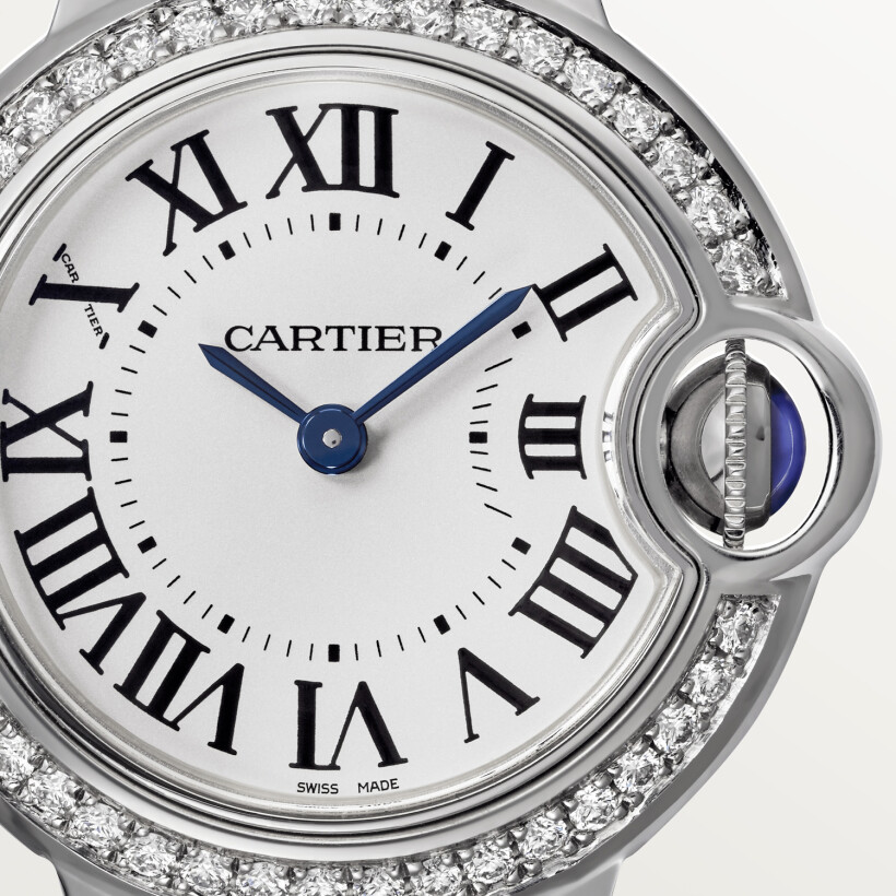 Ballon Bleu de Cartier watch 28 mm, quartz movement, steel, diamonds