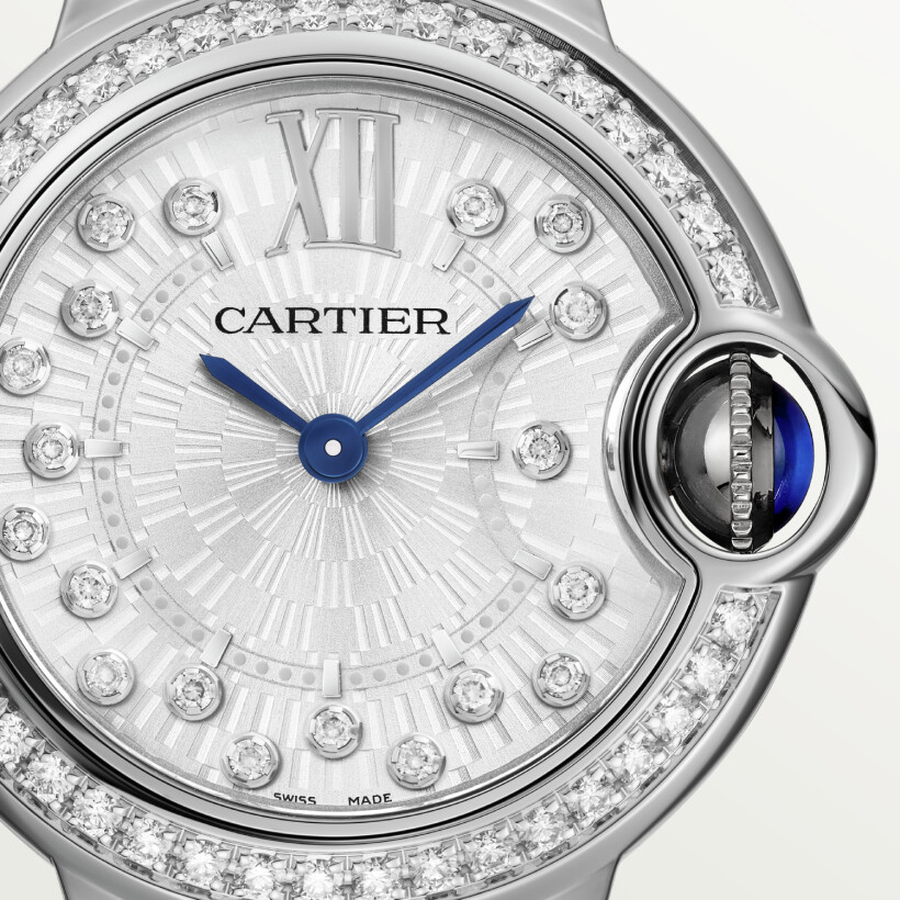 Montre Ballon Bleu de Cartier, 28mm, mouvement quartz, acier, diamants