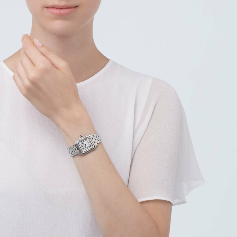 Panthère de Cartier watch, Medium model, quartz movement, steel, diamonds