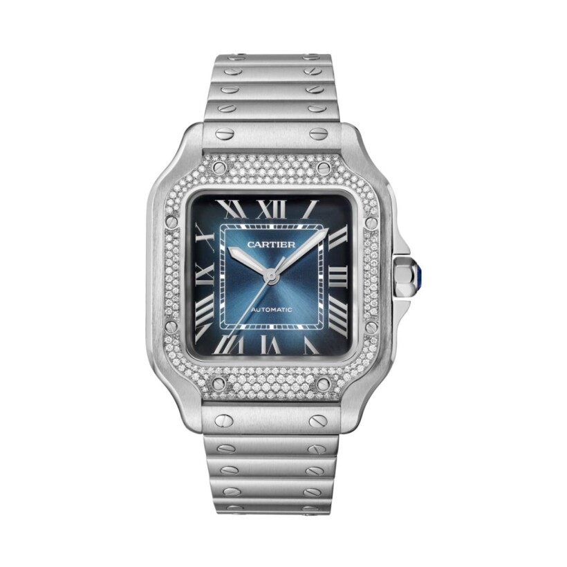 Santos de Cartier watch, Medium model, automatic movement, steel, diamonds, blue dial, interchangeable metal and leather bracelets