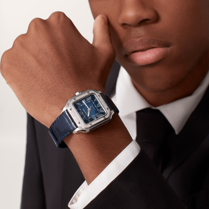 Santos de Cartier watch, Medium model, automatic movement, steel, diamonds, blue dial, interchangeable metal and leather bracelets