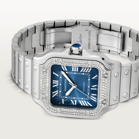 Santos de Cartier watch, Medium model, automatic movement, steel, diamonds, blue dial, interchangeable metal and leather bracelets