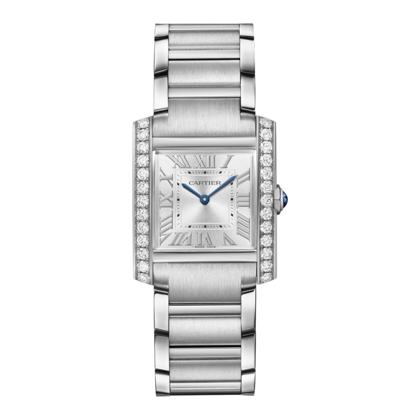 Montre Cartier Tank Française, Moyen modèle, mouvement quartz, acier, diamants