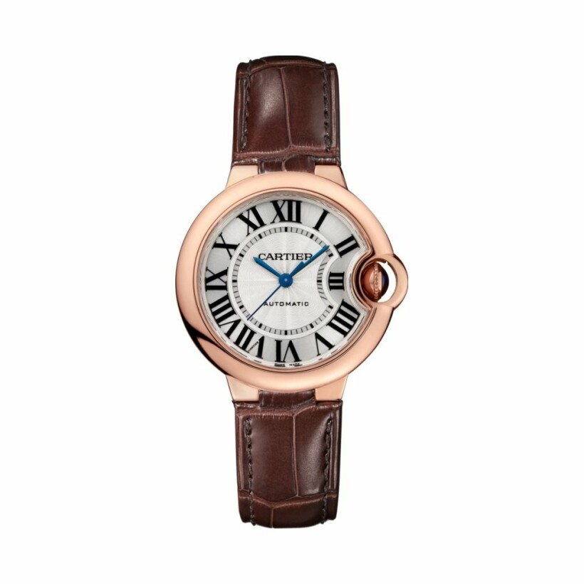 Ballon Bleu de Cartier watch, 33mm, automatic movement, rose gold, leather