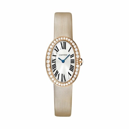 Montre Baignoire PM Petit modèle, mouvement quartz, or rose, diamants, toile