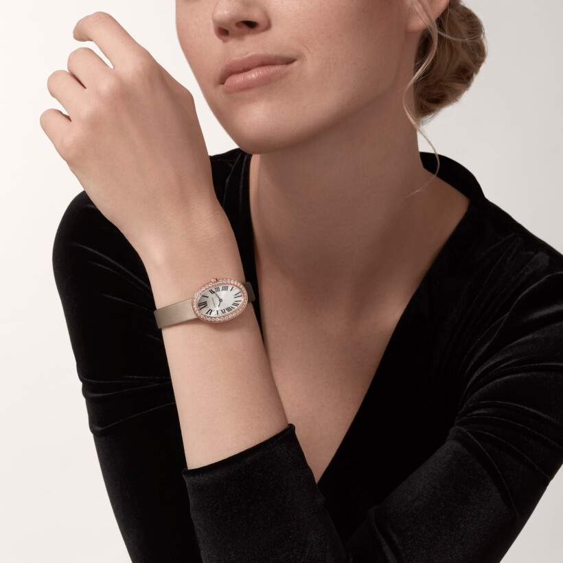 Baignoire watch, small model, Small model, quartz movement, rose gold, diamonds, canvas