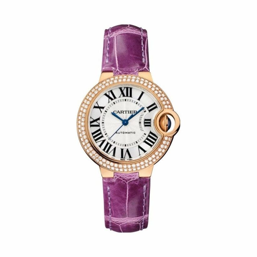 Montre Ballon Bleu de Cartier 33mm, mouvement automatique, or rose, diamants, cuir