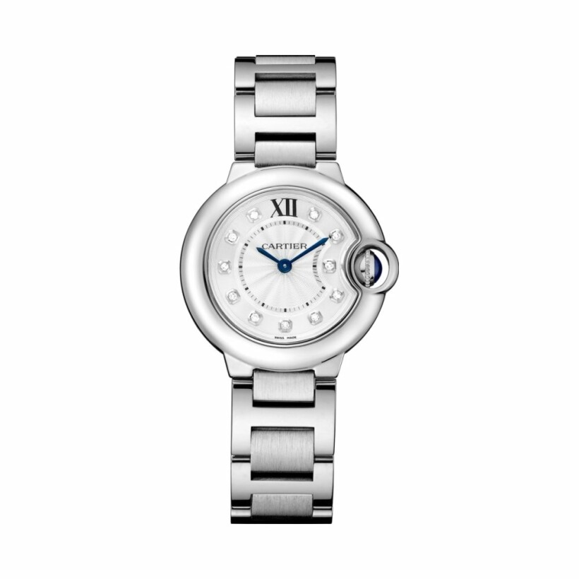 Ballon Bleu de Cartier watch, 28 mm, quartz movement, steel, diamonds
