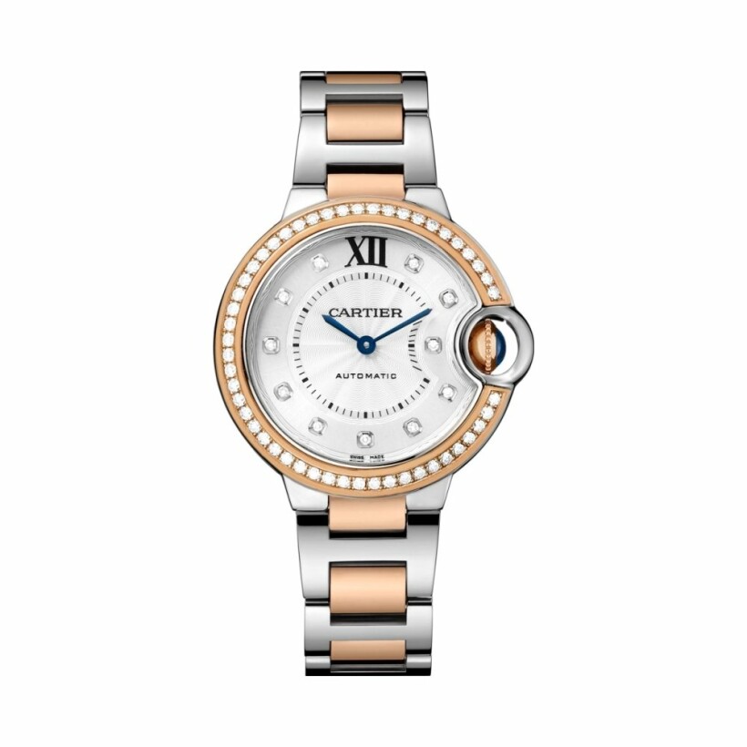 Ballon Bleu de Cartier watch, 33 mm, mechanical movement with automatic winding, rose gold, steel, diamonds