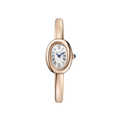 Montre Baignoire de Cartier, mini modèle taille 15, mouvement à quartz, or rose, cabochon de saphir