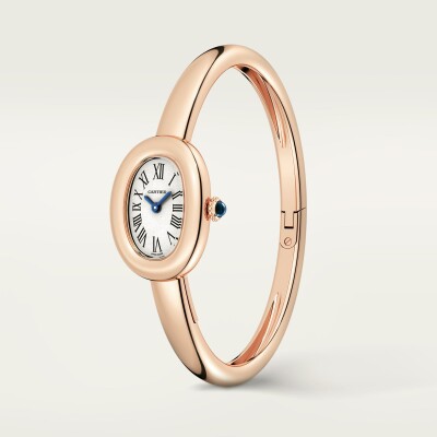 Montre Baignoire de Cartier, mini modèle taille 15, mouvement à quartz, or rose, cabochon de saphir