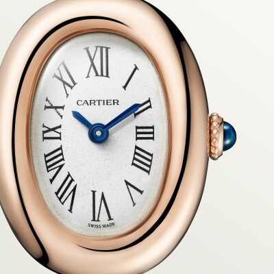 Montre Baignoire de Cartier, mini modèle taille 15, mouvement à quartz, or rose, cabochon de saphir