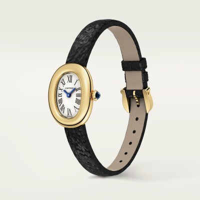 Montre Baignoire Cartier Mini modèle, mouvement quartz, or jaune, cuir