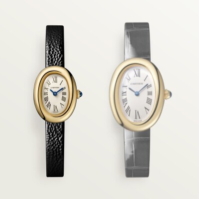 Montre Baignoire Cartier Mini modèle, mouvement quartz, or jaune, cuir