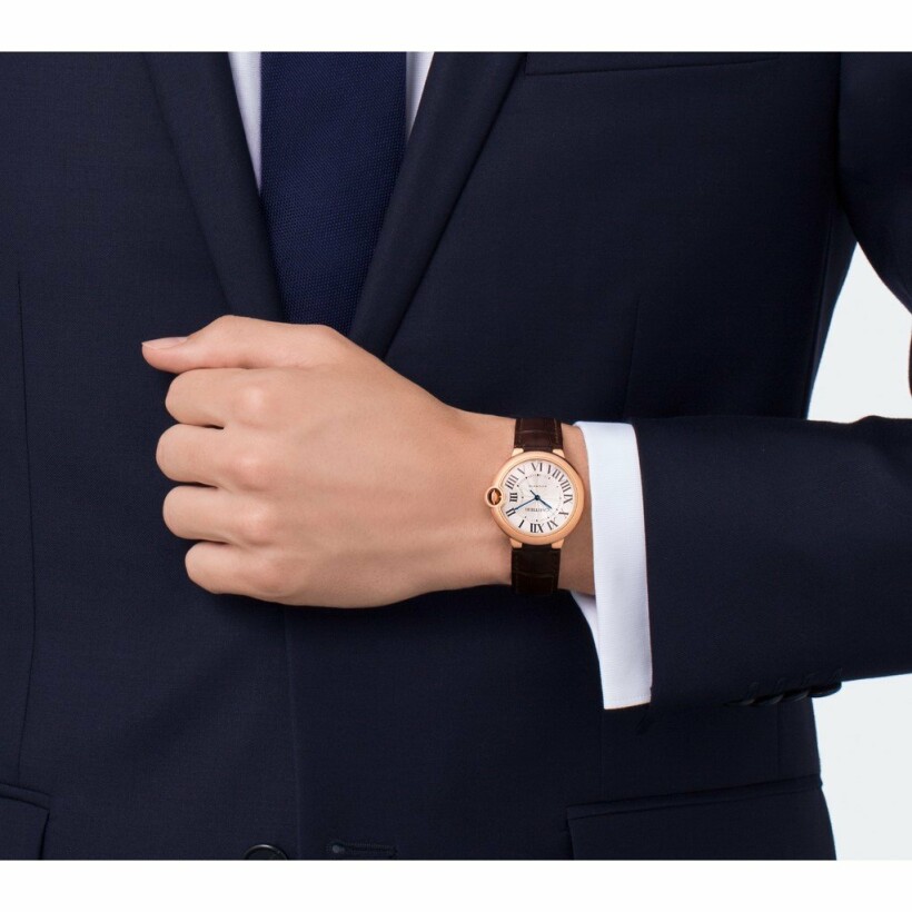 Ballon Bleu de Cartier watch, 36mm, automatic movement, rose gold, leather