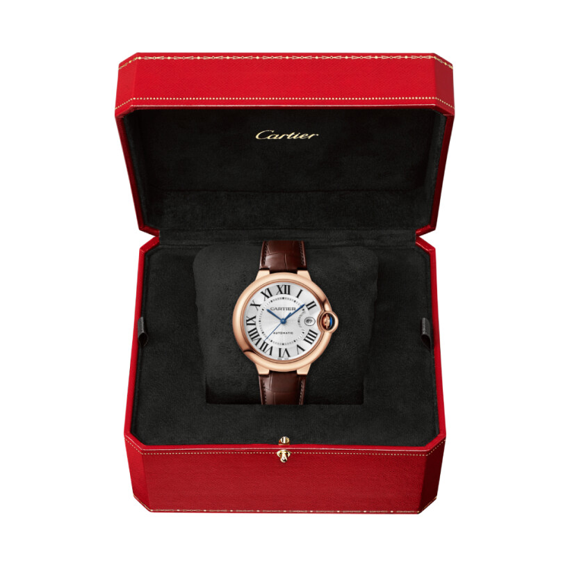 Ballon Bleu de Cartier watch, 40 mm, automatic movement, 18K Rose gold, leather