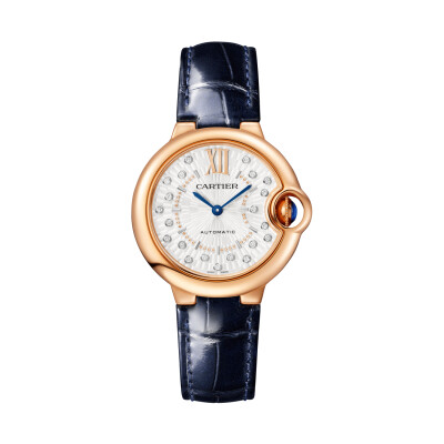 Ballon Bleu de Cartier watch 33 mm, automatic mechanical movement, rose gold, diamonds, leather.