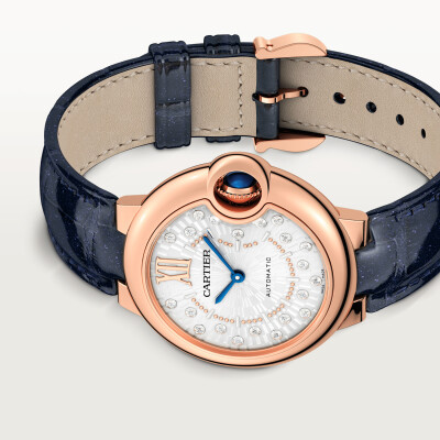 Ballon Bleu de Cartier watch 33 mm, automatic mechanical movement, rose gold, diamonds, leather.