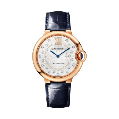 Montre Ballon Bleu de Cartier 36mm, mouvement mécanique automatique, or rose, diamants, cuir