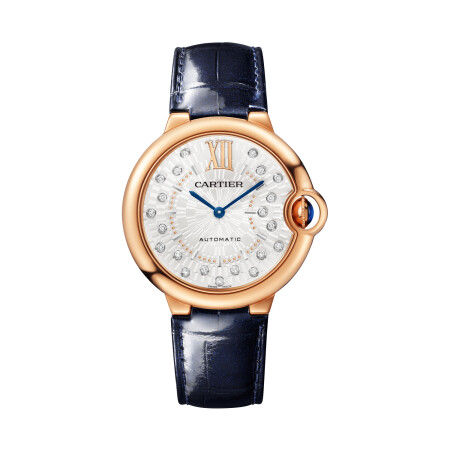 Ballon Bleu de Cartier watch 36 mm, automatic mechanical movement, rose gold, diamonds, leather