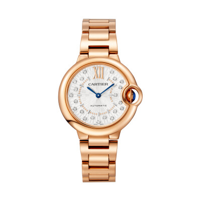 Ballon Bleu de Cartier watch 33 mm, automatic mechanical movement, rose gold, diamonds.