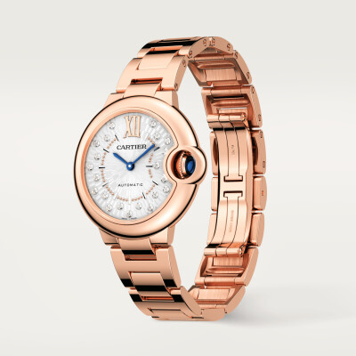 Ballon Bleu de Cartier watch 33 mm, automatic mechanical movement, rose gold, diamonds.