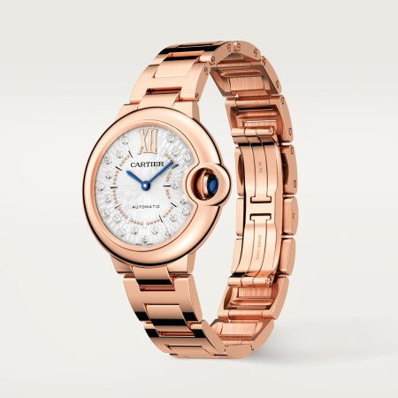 Ballon Bleu de Cartier watch 33 mm, automatic mechanical movement, rose gold, diamonds.