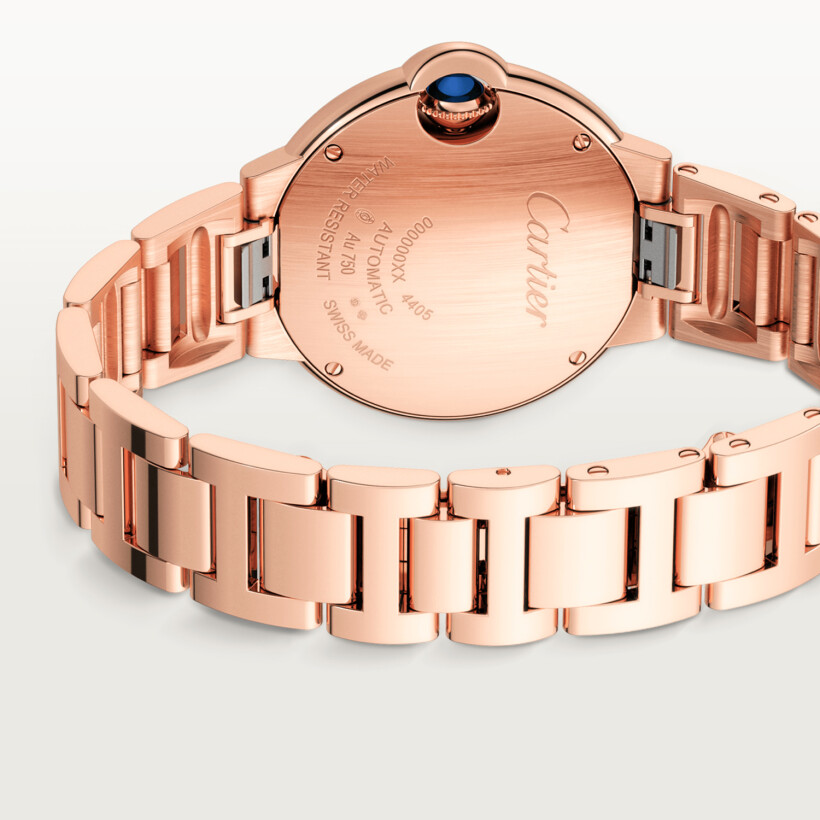 Ballon Bleu de Cartier watch 33 mm, automatic mechanical movement, rose gold, diamonds.