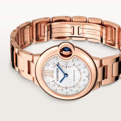 Ballon Bleu de Cartier watch 33 mm, automatic mechanical movement, rose gold, diamonds.