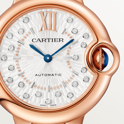 Ballon Bleu de Cartier watch 33 mm, automatic mechanical movement, rose gold, diamonds.