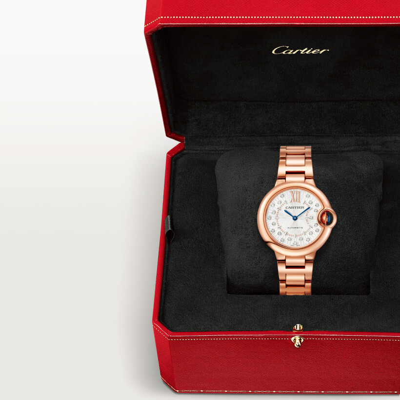 Ballon Bleu de Cartier watch 33 mm, automatic mechanical movement, rose gold, diamonds.
