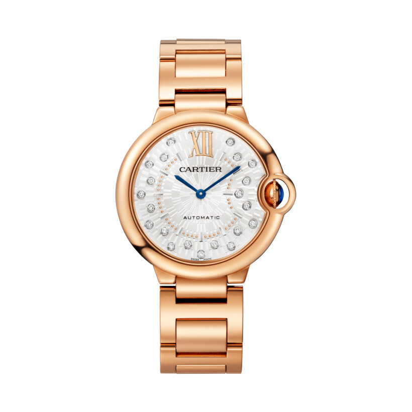 Ballon Bleu de Cartier watch 36 mm, automatic mechanical movement, rose gold, diamonds.