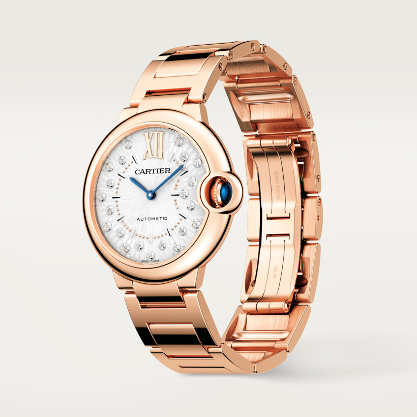 Ballon Bleu de Cartier watch 36 mm, automatic mechanical movement, rose gold, diamonds.
