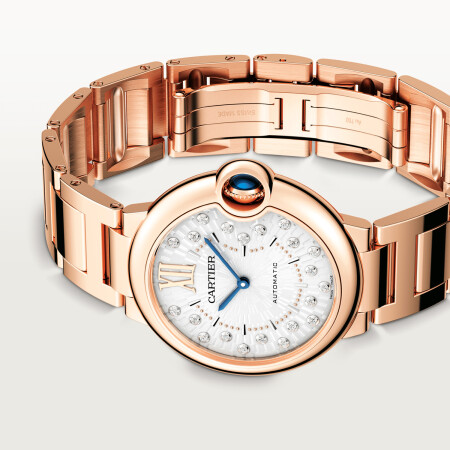 Ballon Bleu de Cartier watch 36 mm, automatic mechanical movement, rose gold, diamonds.