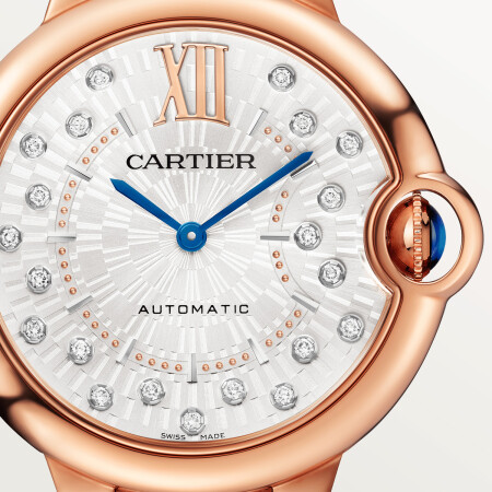 Ballon Bleu de Cartier watch 36 mm, automatic mechanical movement, rose gold, diamonds.