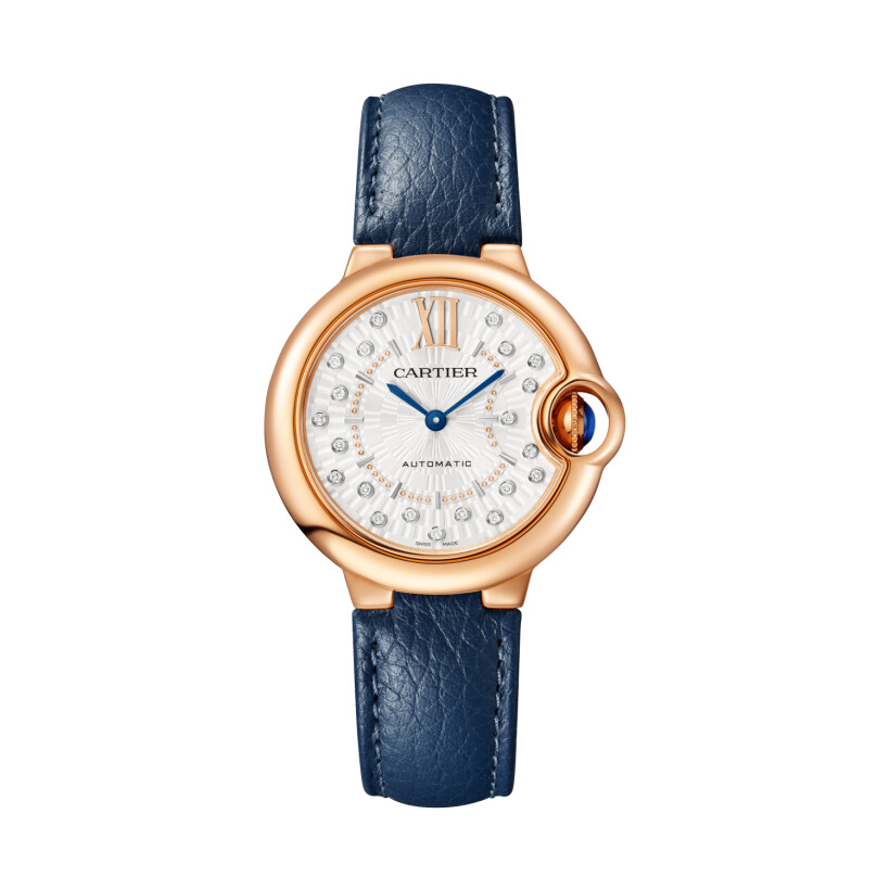 Ballon Bleu de Cartier watch 33 mm, automatic mechanical movement, rose gold, diamonds, leather.