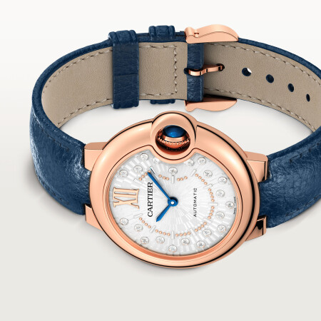 Ballon Bleu de Cartier watch 33 mm, automatic mechanical movement, rose gold, diamonds, leather.