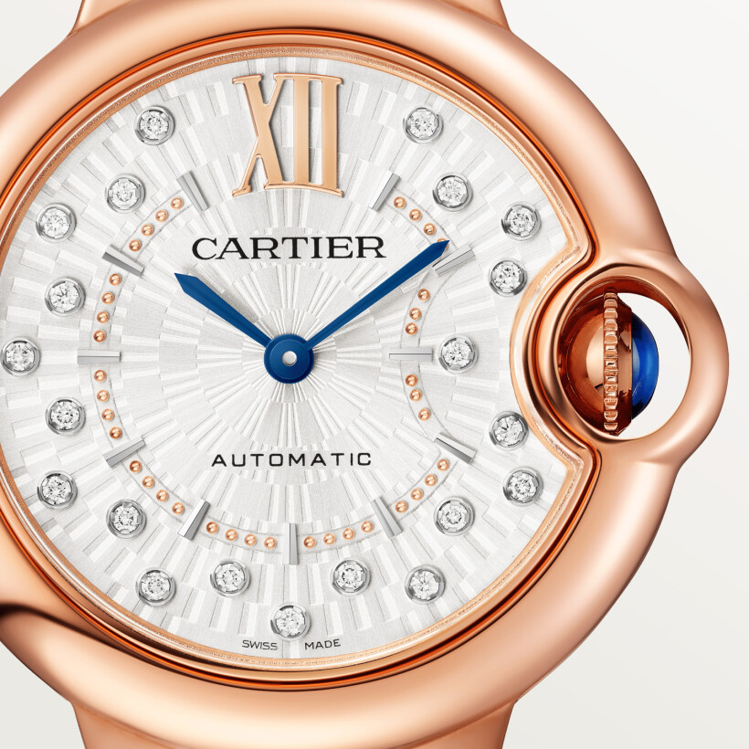 Ballon Bleu de Cartier watch 33 mm, automatic mechanical movement, rose gold, diamonds, leather.