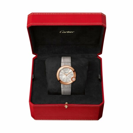 Montre Ballon Blanc de Cartier 30mm, mouvement quartz, or rose, diamant, cuir