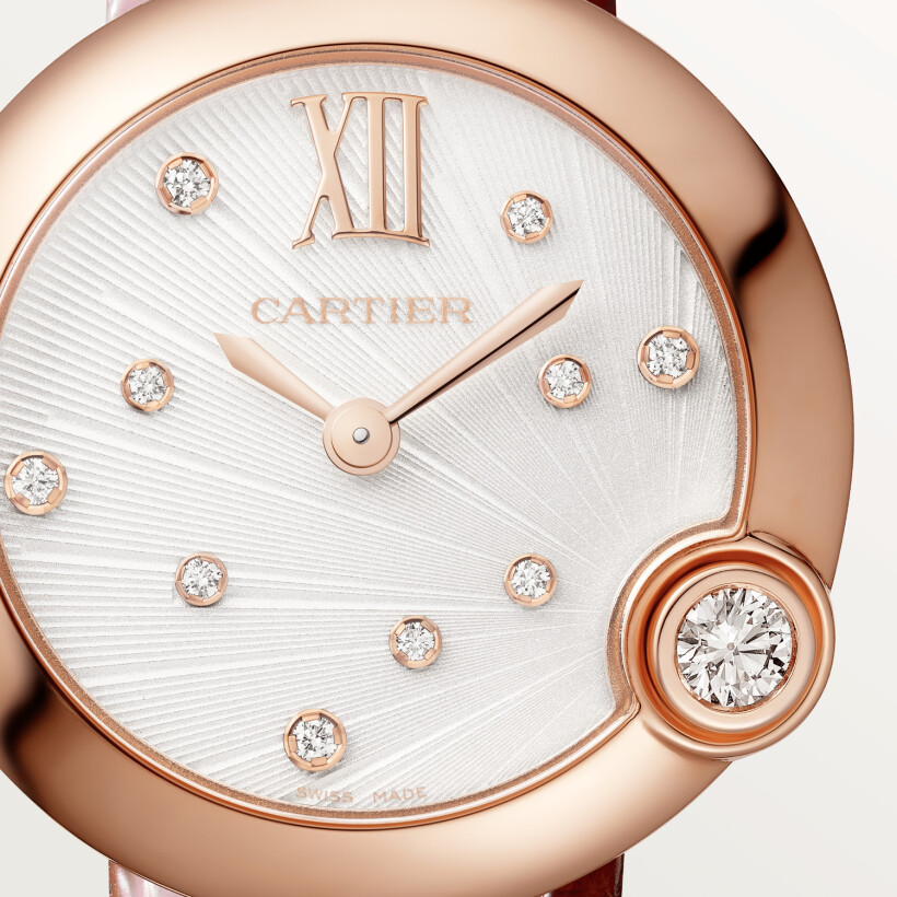 Montre Ballon Blanc de Cartier 30mm, mouvement quartz, or rose, diamants, cuir