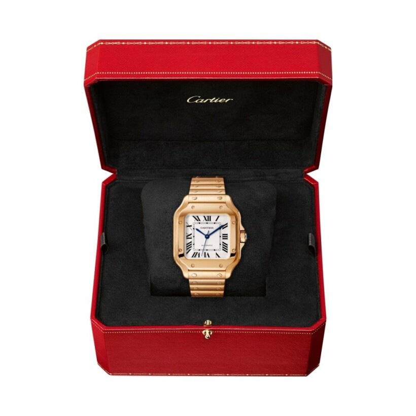Santos de Cartier watch, Medium model, automatic movement, rose gold, interchangeable metal and leather bracelets