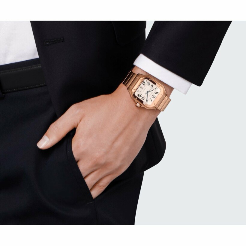 Santos de Cartier watch, Medium model, automatic movement, rose gold, interchangeable metal and leather bracelets