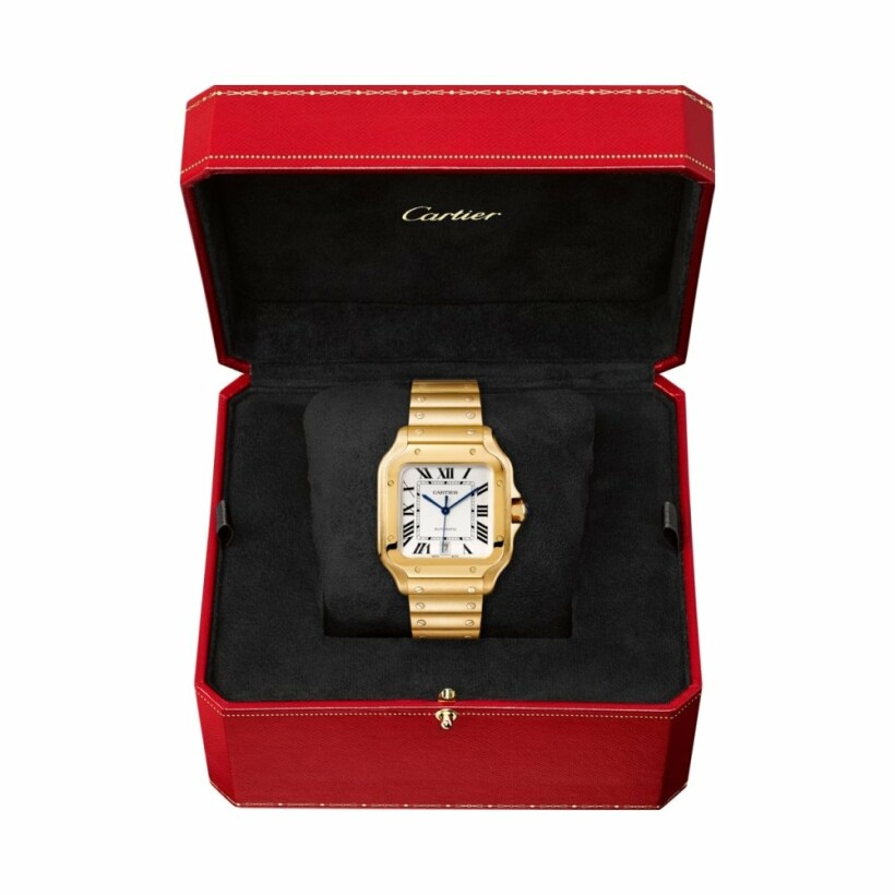 Santos de Cartier Big size watch, automatic movement, yellow gold, steel bracelets and interchangeable leather
