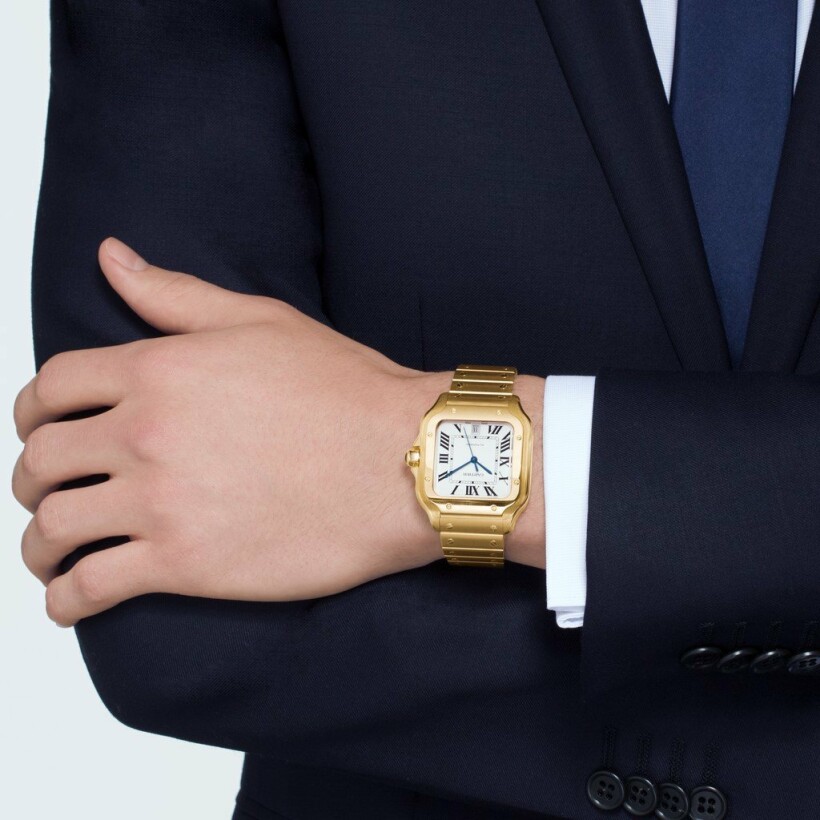 Santos de Cartier Big size watch, automatic movement, yellow gold, steel bracelets and interchangeable leather