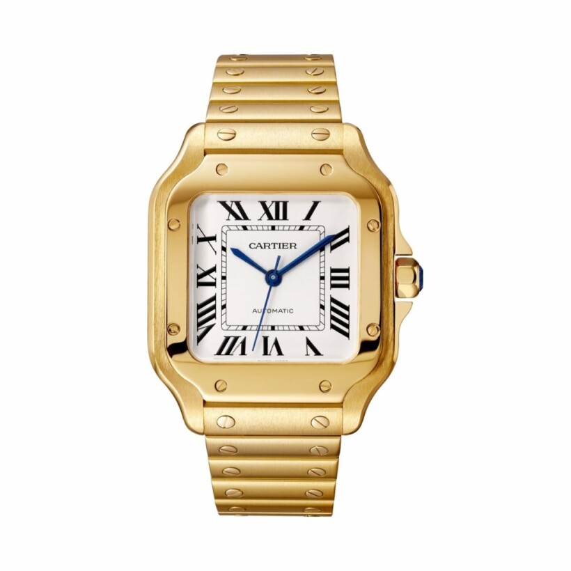 Santos de Cartier watch, Medium model, automatic movement, yellow gold, interchangeable metal and leather bracelets